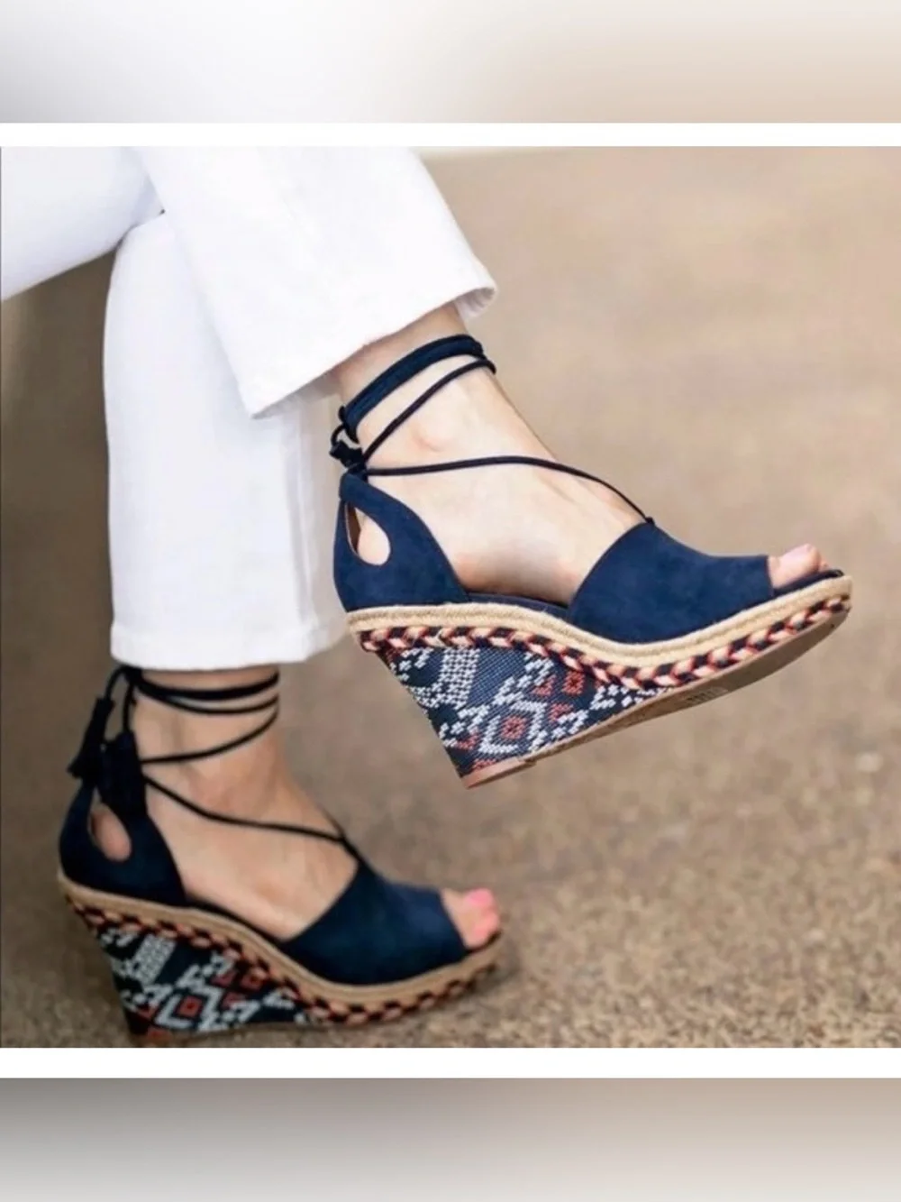 CAbi Navy Suede Lace-Up Espadrille Wedge Sandals